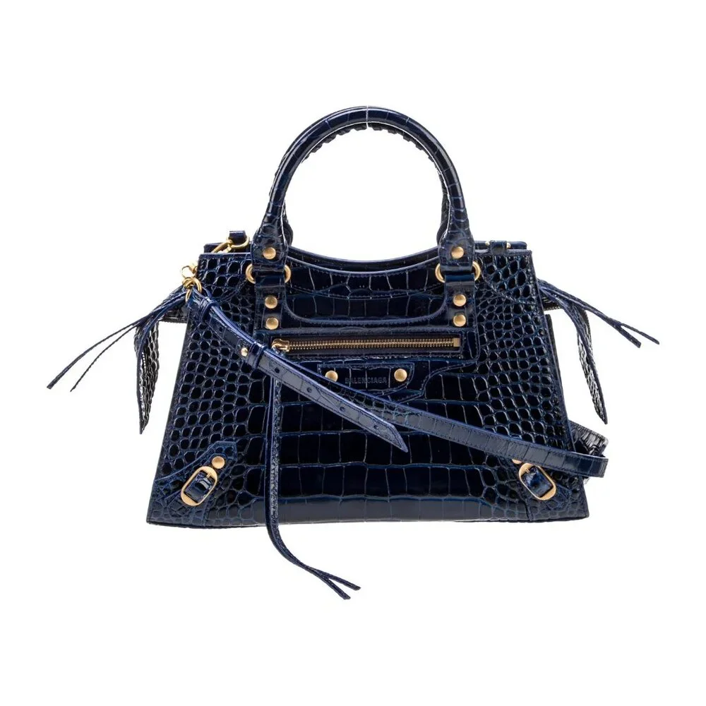 Balenciaga Croc-Embossed Navy Blue Mini City Bag with Gold Hardware